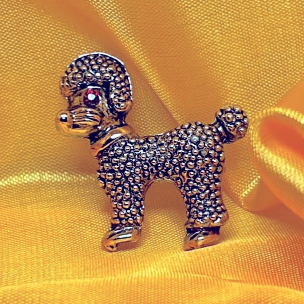 Vintage 1950s ES French Poodle Brooch Gold-Tone Lapel Pin Red Rhinestone Eye